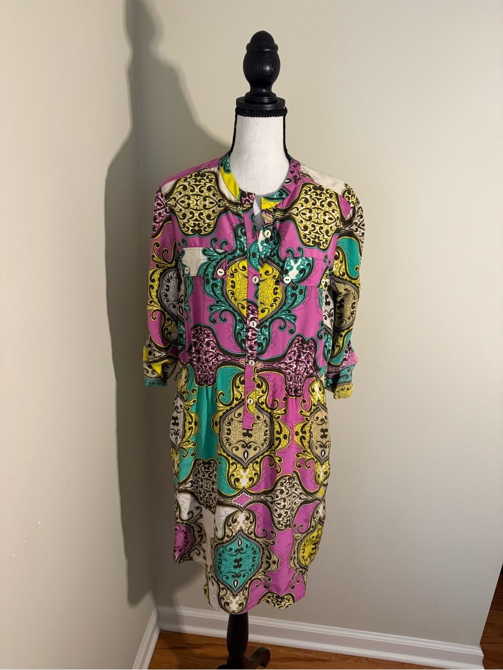 Yoana Baraschi Pink, Teal & Yellow Paisley Colorblock Tunic Dress